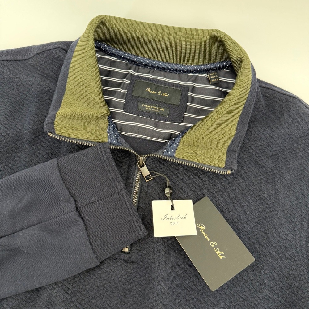 NWT Porter & Ash Quarter Zip Pullover Mens S Navy Blue Textured Interlock Knit